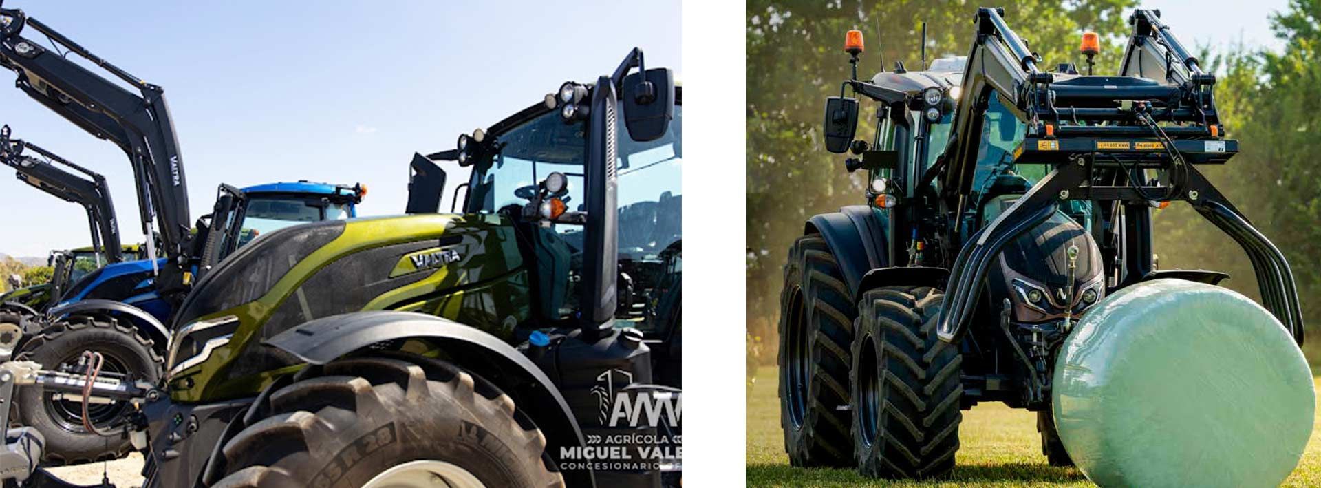 Fotos comparativas de un tractor negro con pala frontal levantando una paca envuelta en verde en un campo.