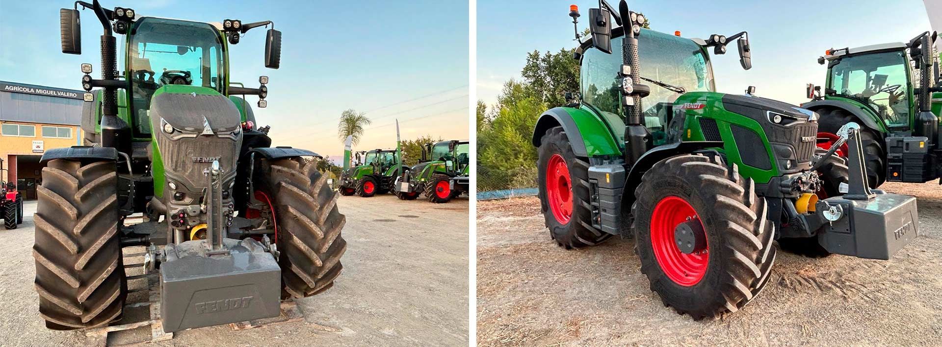 Dos tractores verdes en un terreno agrícola, uno visto de frente con neumáticos grandes y el otro de perfil con llantas rojas.
