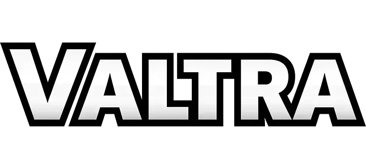 Un logotipo en blanco y negro para Valtra sobre un fondo blanco.