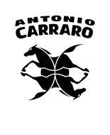 Logotipo negro de Antonio Carraro con siluetas de caballos reflejadas sobre un fondo blanco.