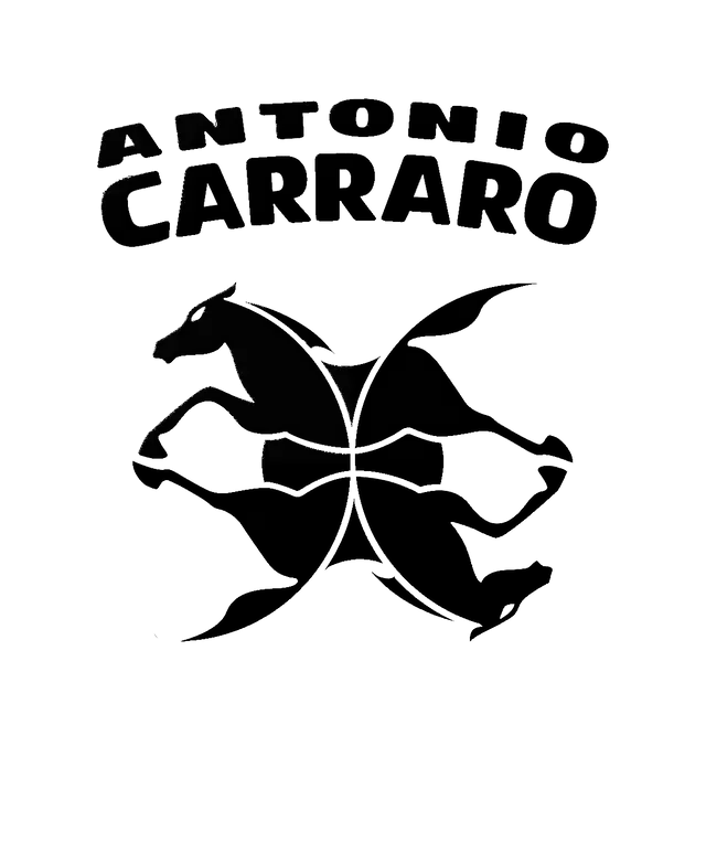 Un logotipo en blanco y negro para Antonio Carraro con dos caballos.
