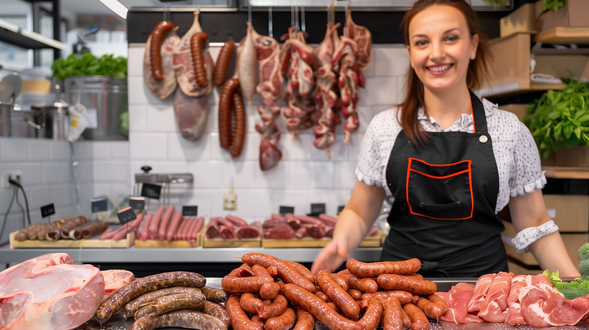 Eine Frau steht vor einer mit Fleisch und Wurstwaren gefüllten Theke.