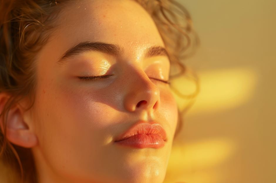 Mujer con los ojos cerrados, bañada por la cálida luz del sol, con la piel radiante y labios carnosos.
