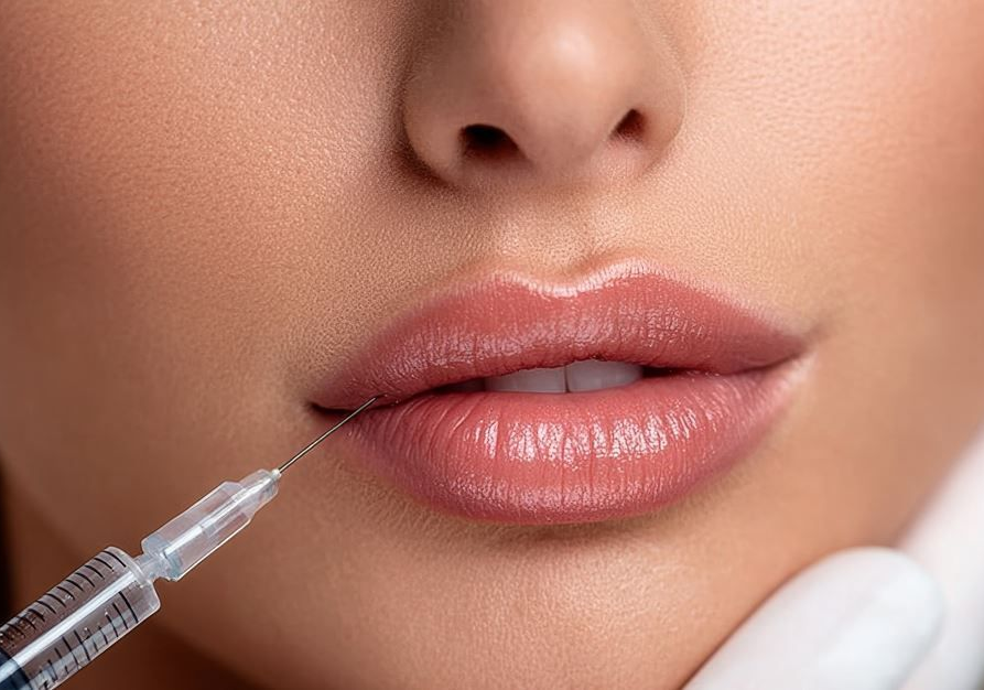 Primer plano de unos labios a los que se les inyecta relleno con una jeringa.