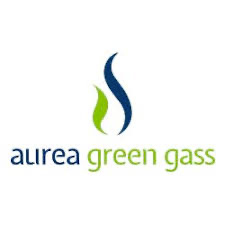 El logotipo de Aura Green Gass tiene una llama verde y un remolino azul.