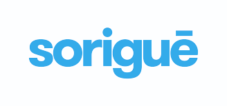 El logotipo de sorigue es azul y blanco sobre un fondo blanco.