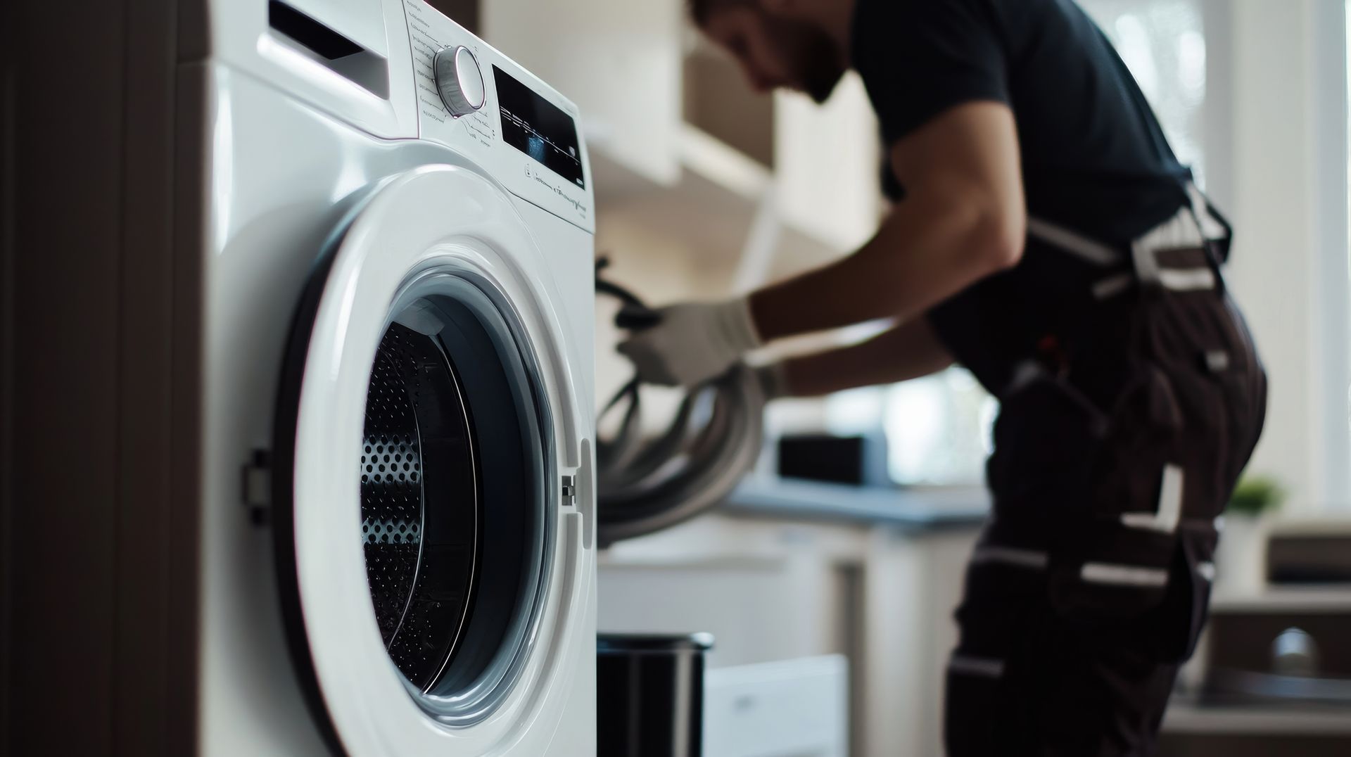Une personne portant des vêtements et des gants de travail répare une machine à laver blanche dans une cuisine.