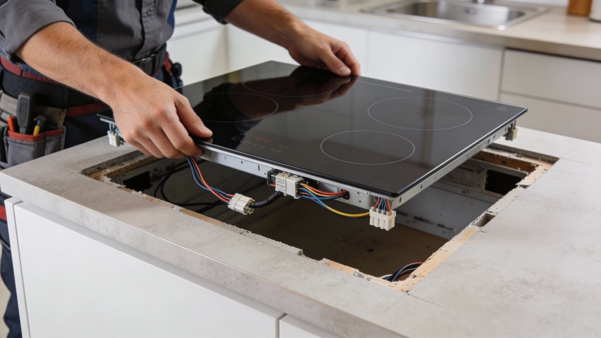 Un technicien installe une plaque de cuisson à induction noire sur le plan de travail d'un îlot de cuisine.