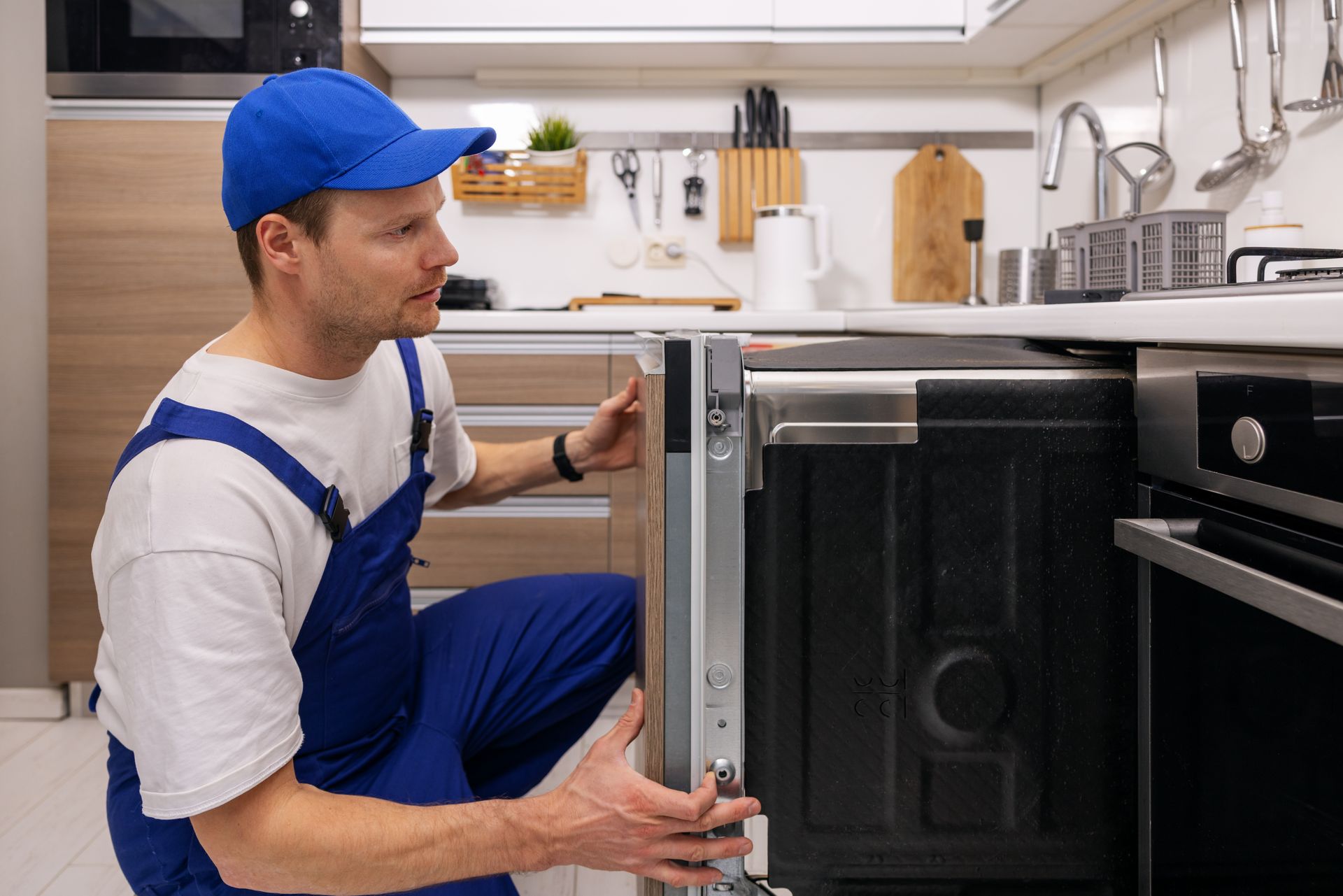 Une personne en tenue de travail bleue est agenouillée pour réparer un lave-vaisselle ouvert dans une cuisine moderne.