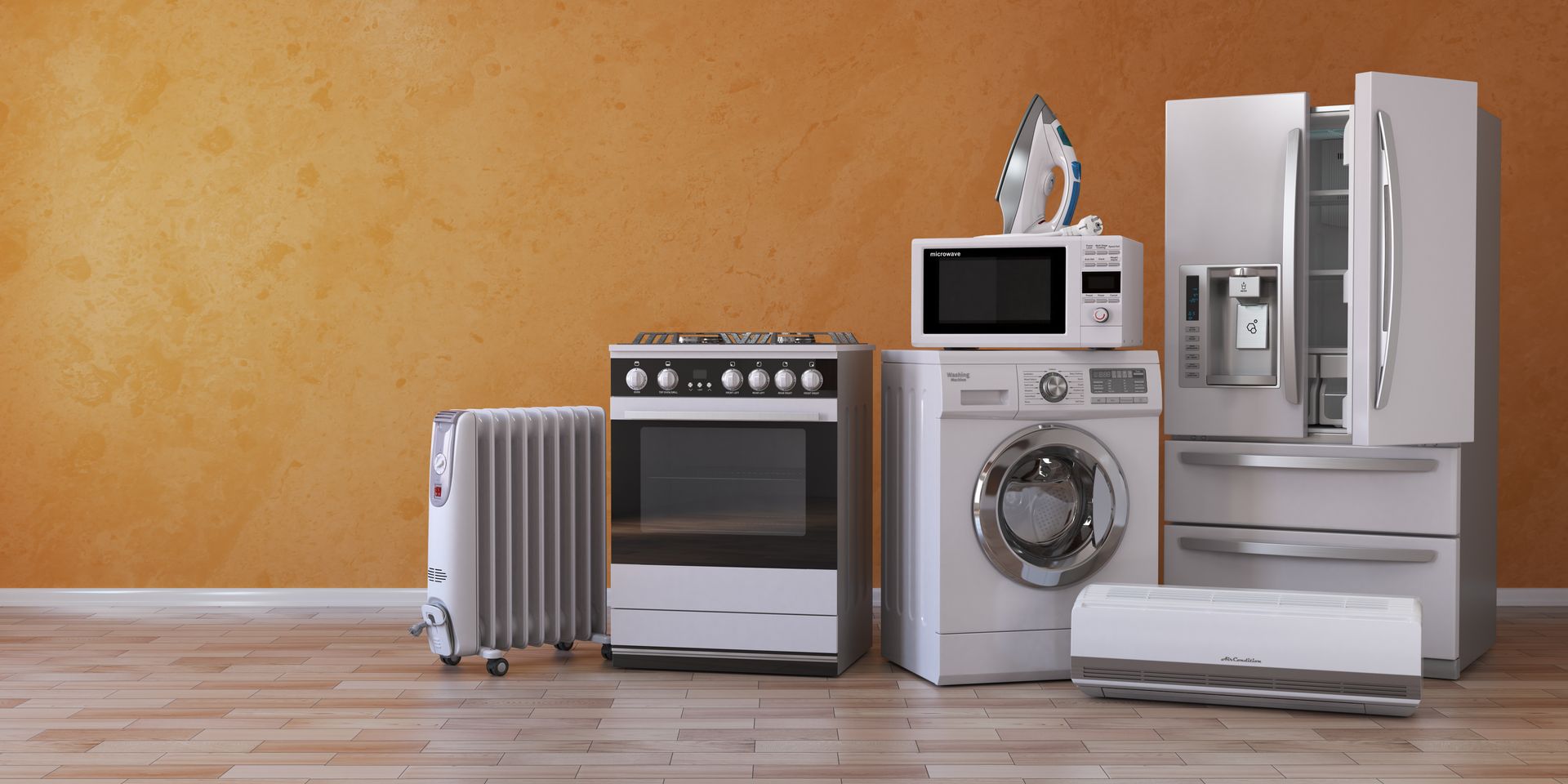 Divers appareils électroménagers blancs, dont un réfrigérateur, une cuisinière, un lave-linge, un micro-ondes et un radiateur, sont posés sur un sol en bois.