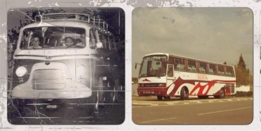 Una foto en blanco y negro de un autobús y una foto en blanco y rojo de un autobús.