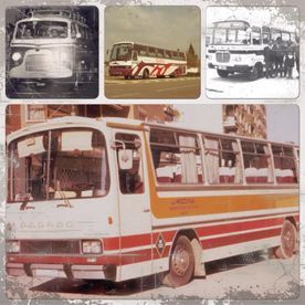 Un collage de fotos antiguas de autobuses, incluido uno que dice 