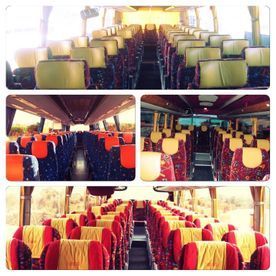 Un collage de fotografías del interior de un autobús.