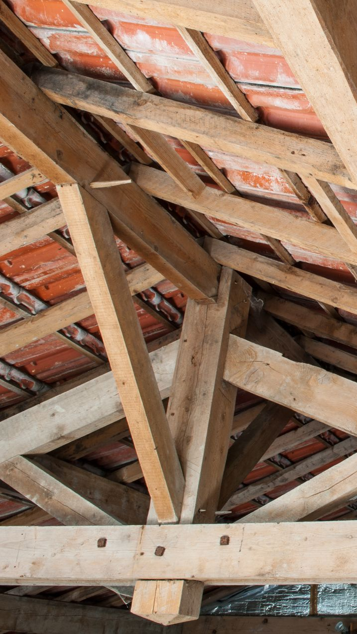 Combles avec poutres et tuiles apparentes.