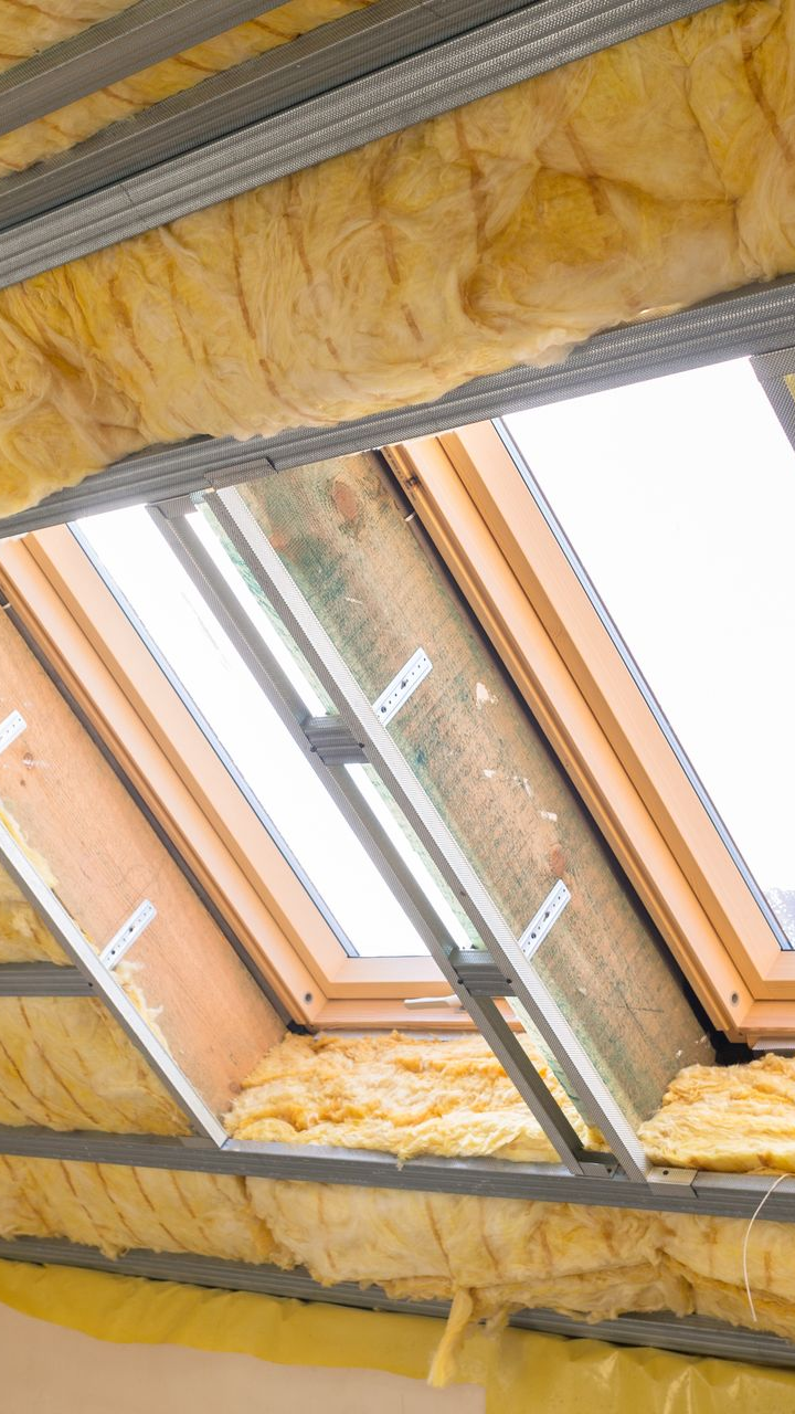 Isolation de combles aménageables avec de la laine de verre.