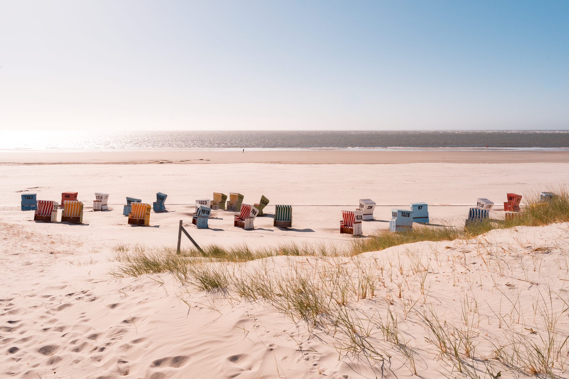 Bunte Strandkörbe stehen an einem hellen Sandstrand. Die Sonne scheint von links ins Bild, im Hintergrund ist das Meer zu erkennen.