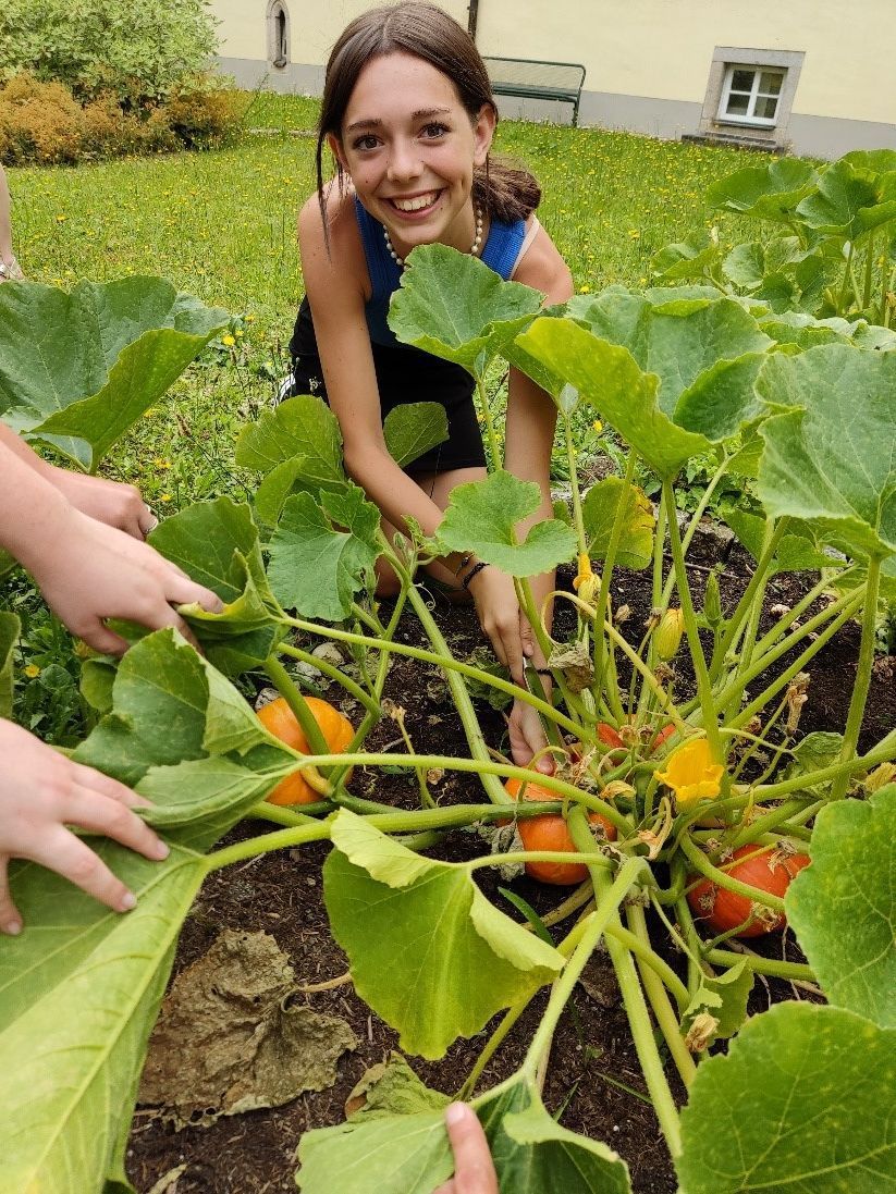 Ein junges Mädchen lernt im Wahlkurs Umwelt Pflanzen kennen