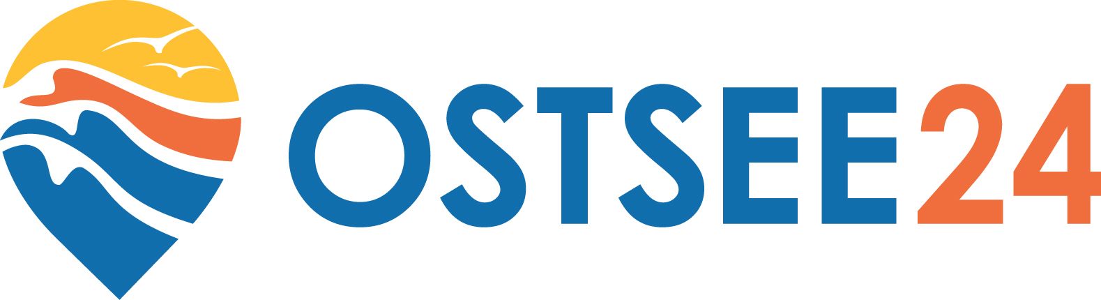 Logo: Text „OSTSEE24“ mit einer stilisierten Grafik in Blau und Orange mit Meer, Sonne und Vögeln.