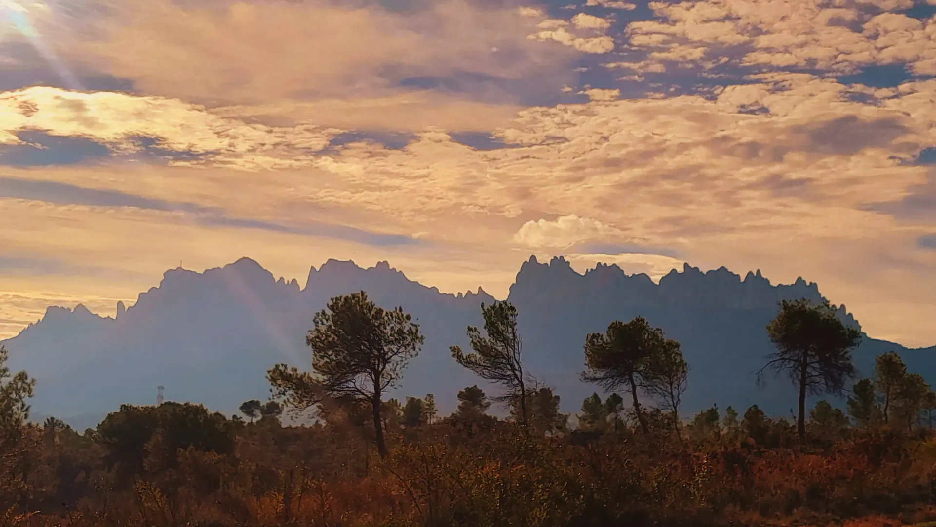 Una puesta de sol sobre una cadena montañosa con árboles en primer plano