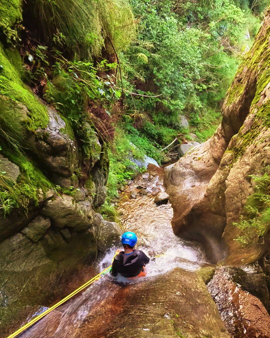 Persona haciendo rápel por una cascada en un cañón; exuberante follaje verde rodea las paredes rocosas.