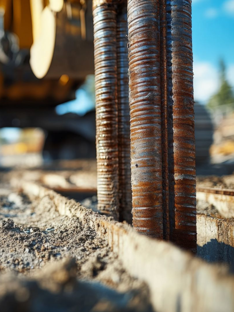 Gros plan de barres d'armature en acier nervuré dans le béton, sur un chantier de construction.