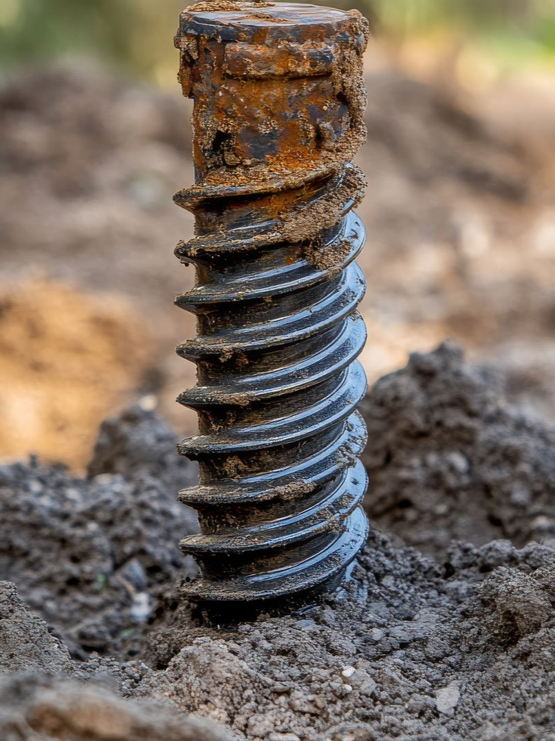 Gros plan d'une vis en métal rouillée enfoncée dans le sol.