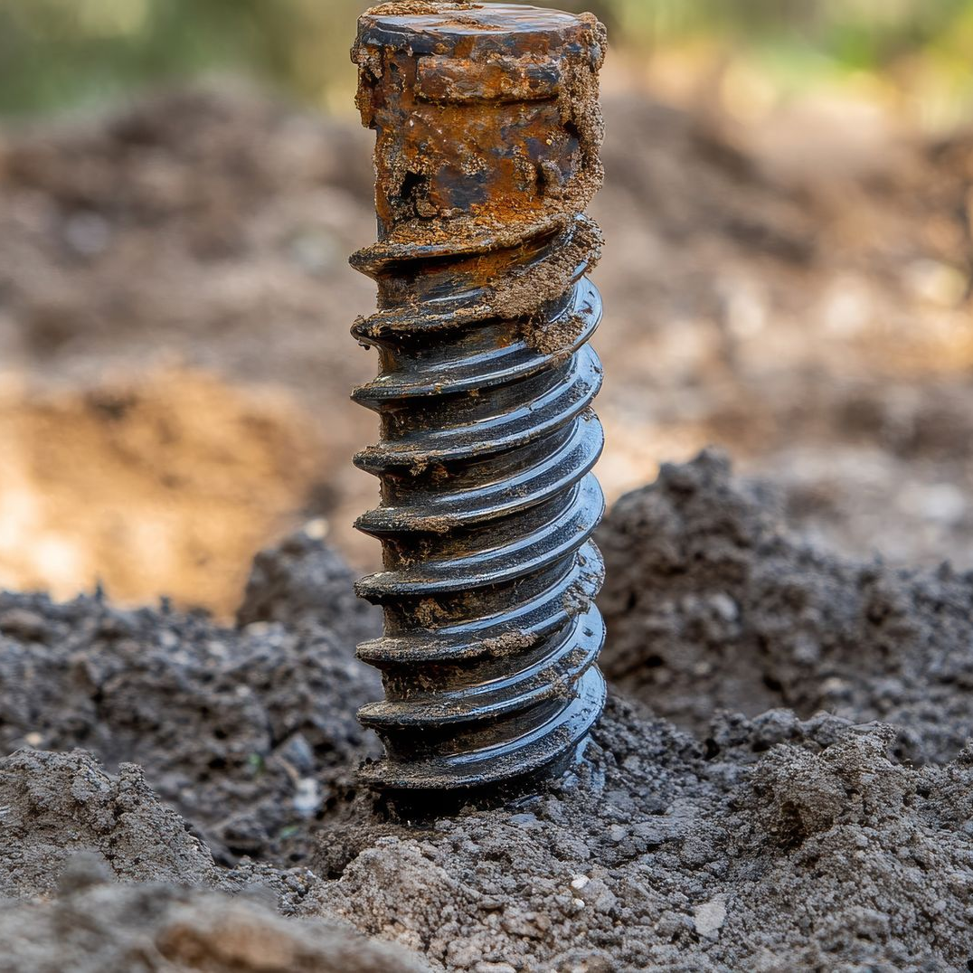 Pilier hélicoïdal en métal rouillé dans le sol, utilisé pour le support des fondations.
