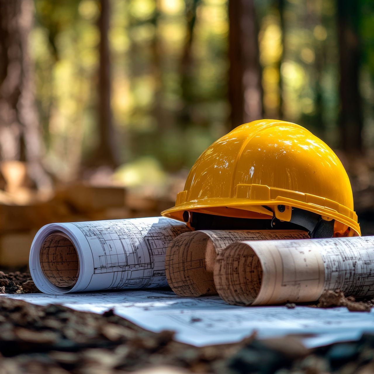 Casque de sécurité jaune sur des plans dans une zone boisée, représentant les plans de construction et la sécurité.