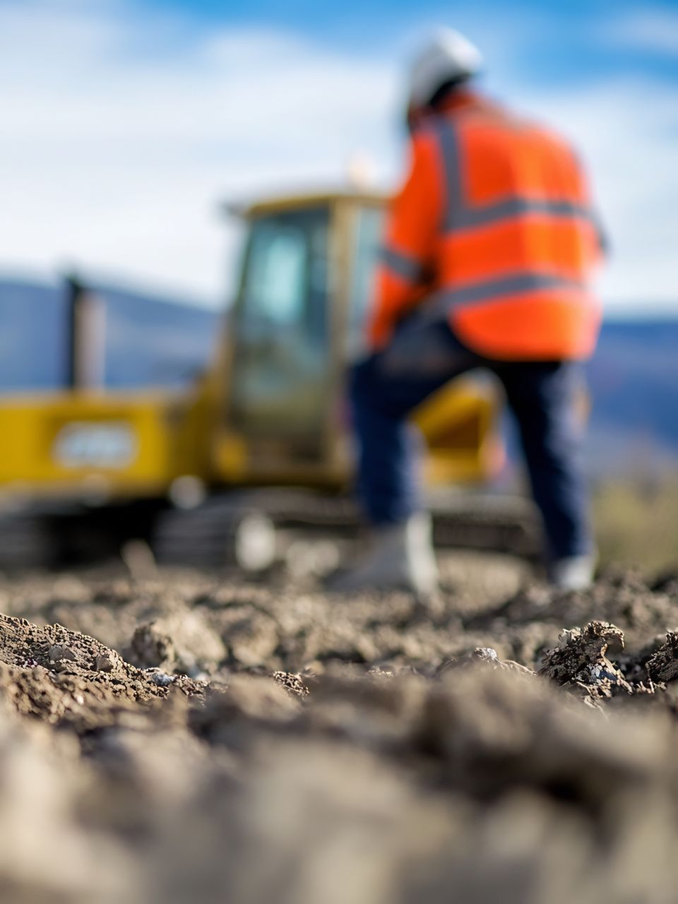 Ouvrier du bâtiment en gilet orange, regardant un bulldozer sur un champ de terre sous un ciel bleu.