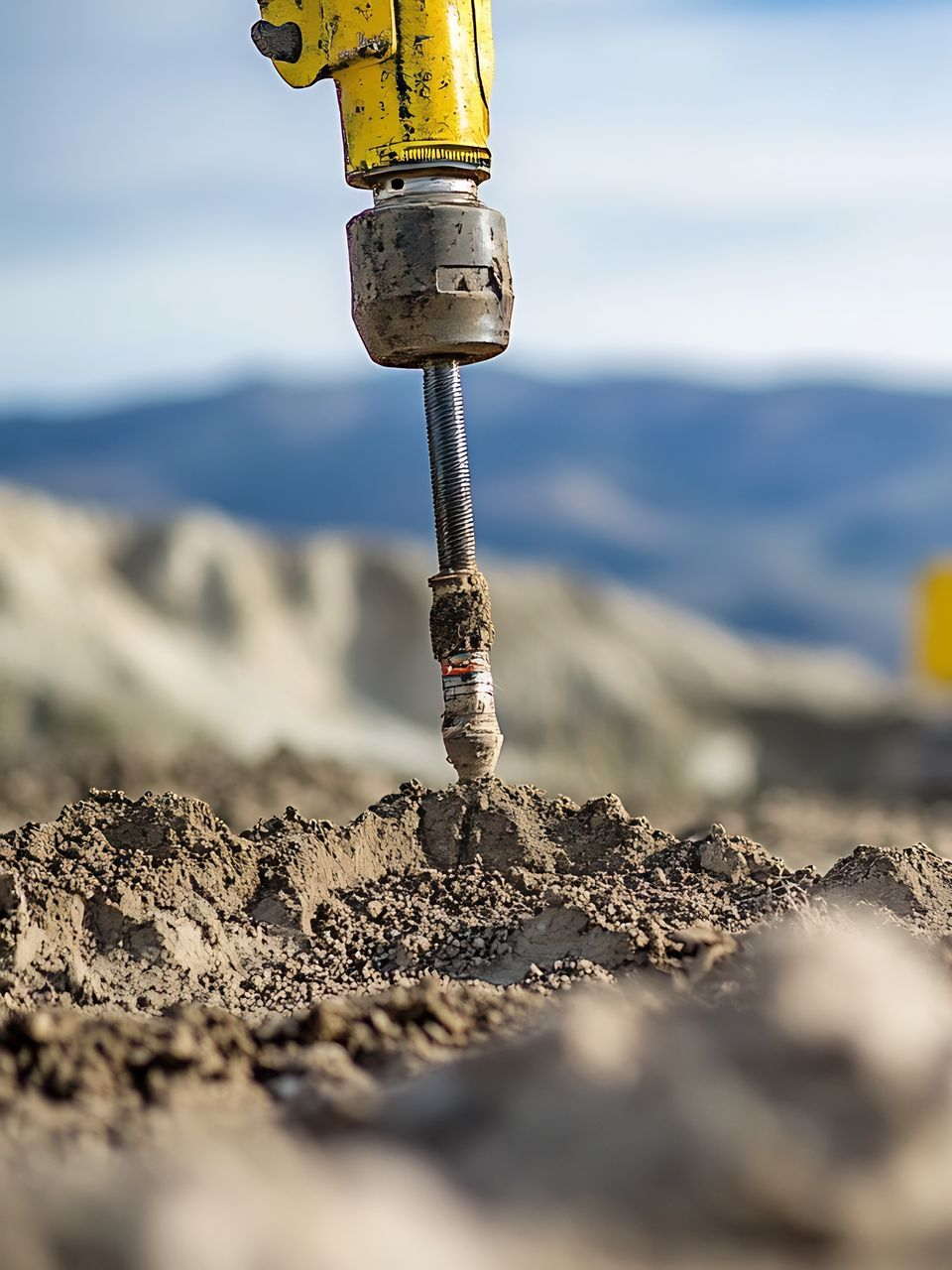 Foreuse jaune forant dans un sol brun, montagnes en arrière-plan flou.