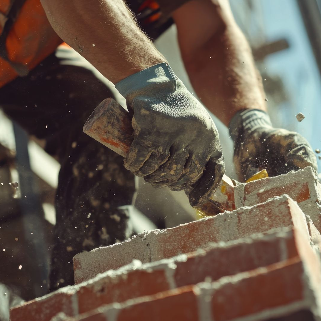 Ouvrier du bâtiment en équipement de sécurité utilisant un ciseau pour façonner des briques, à l'extérieur.