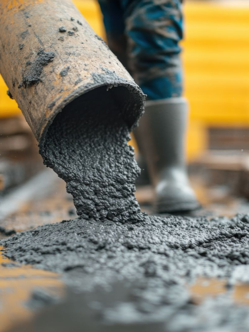 Du béton est coulé d'une goulotte jaune sur une surface ; un ouvrier en bottes se tient à proximité.