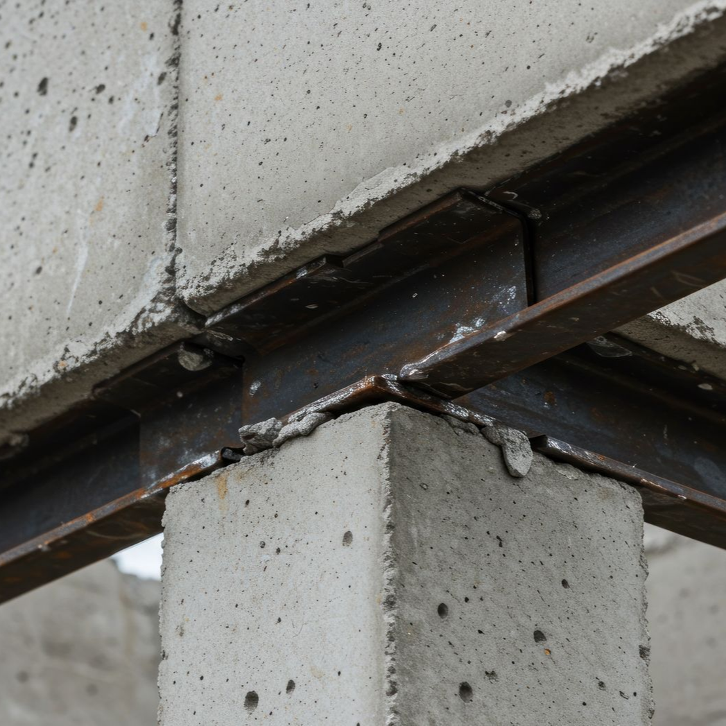 Blocs de béton et poutres d'acier assemblés par soudure, formant un support structurel.