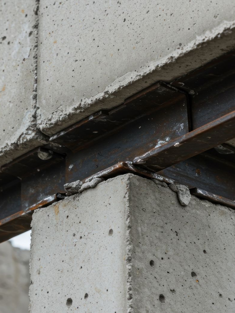 Blocs de béton assemblés avec une poutre en acier soudée.