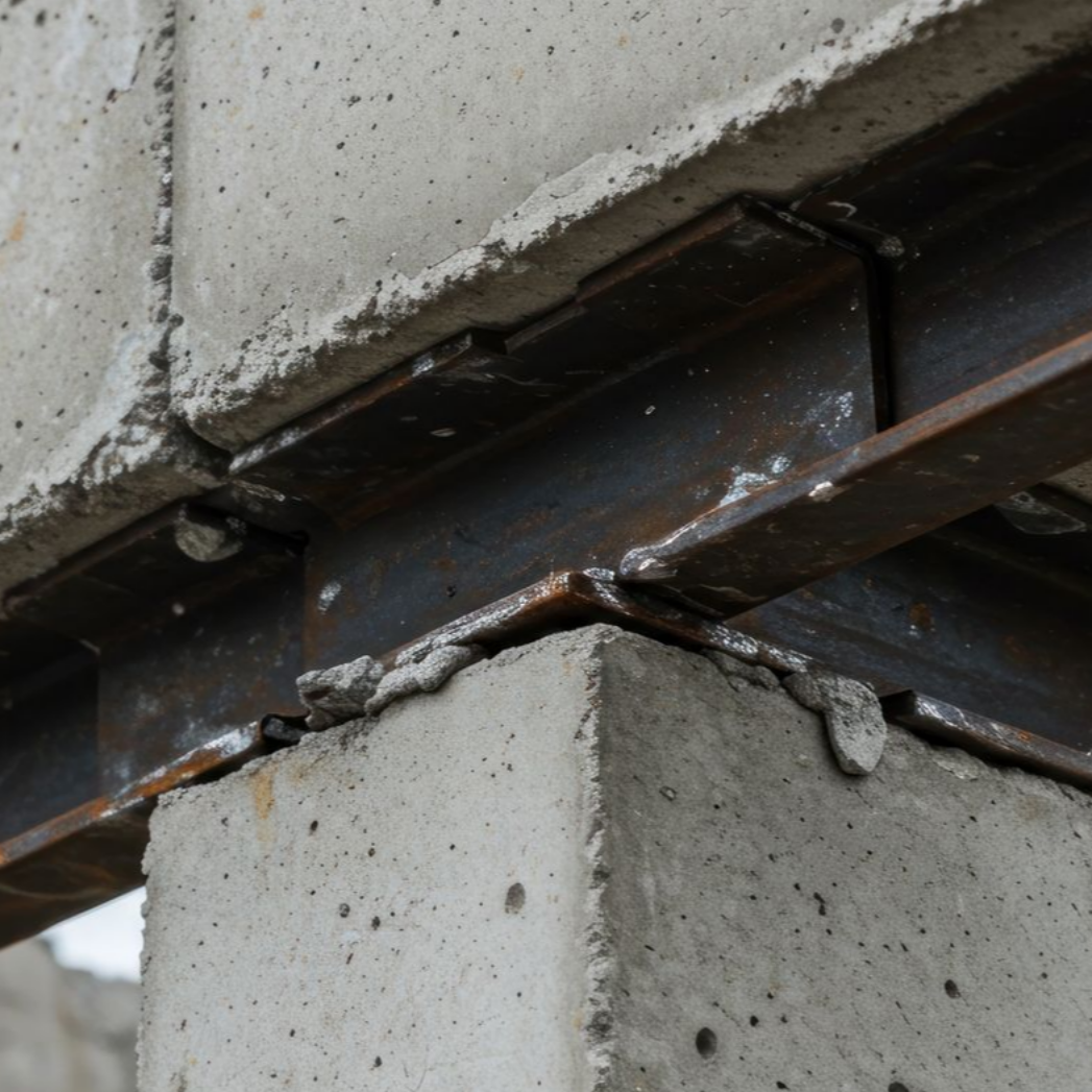 Blocs de béton fixés par des poutres en acier soudées.
