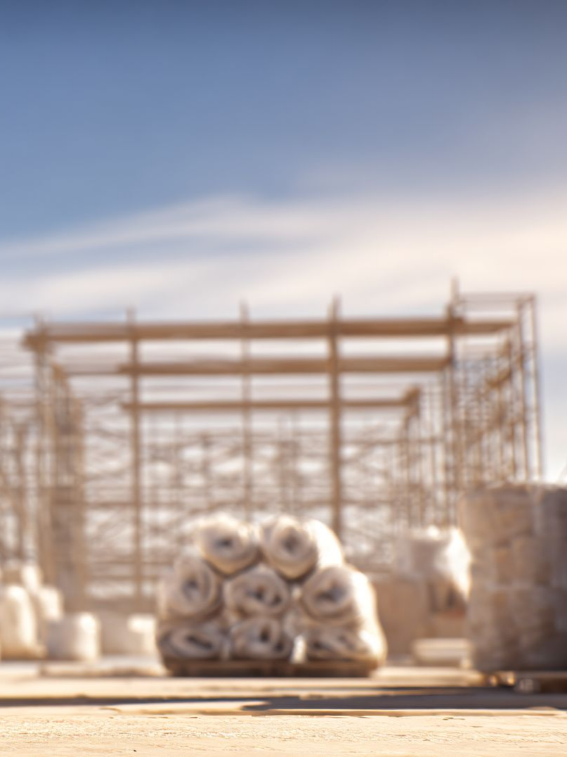 Chantier de construction avec des sacs de matériaux au premier plan, des échafaudages et un ciel bleu en arrière-plan.