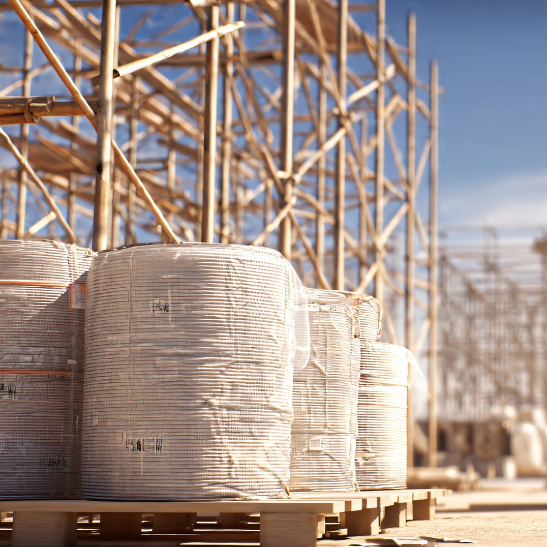 Sacs de matériaux de construction sur une palette devant un échafaudage en bois contre un ciel bleu.