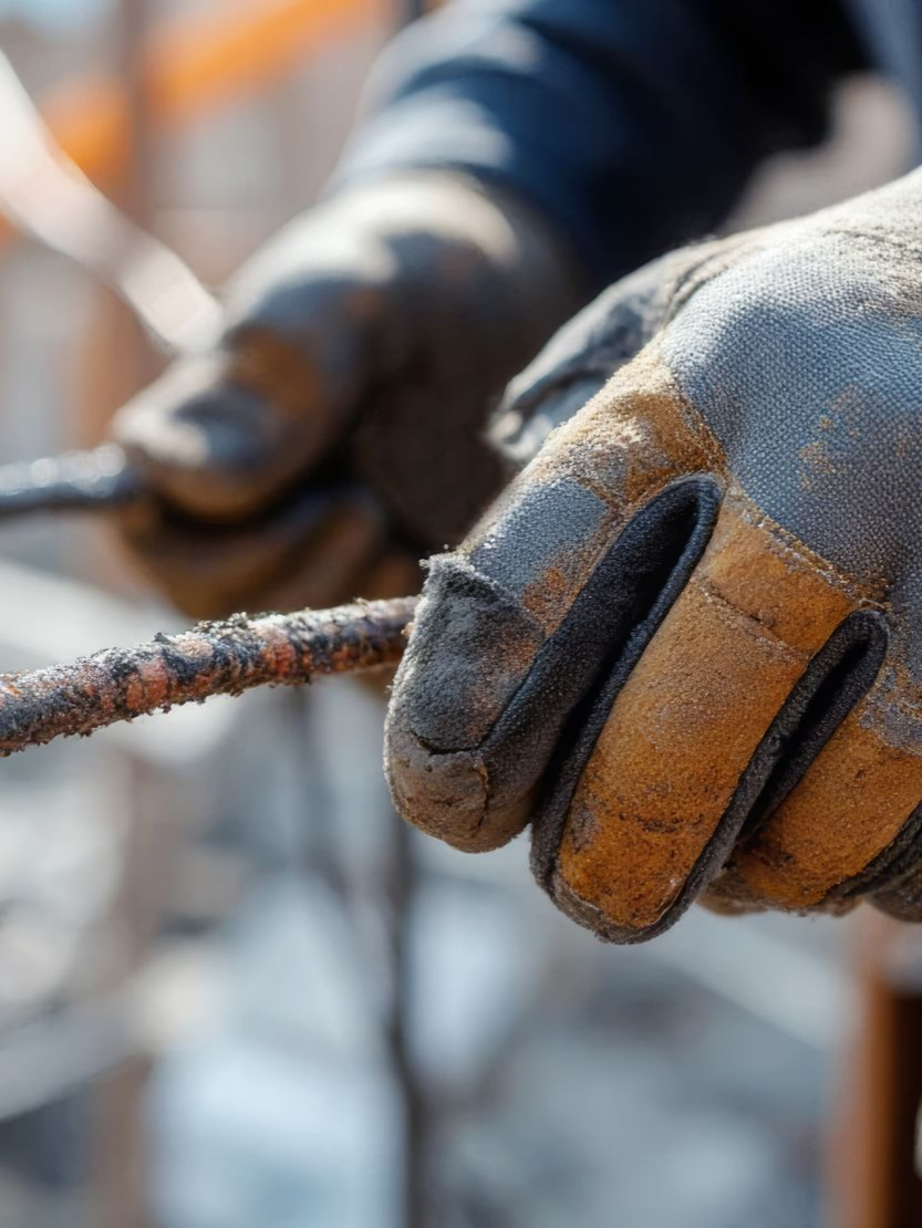 Mains dans des gants de travail usés saisissant une barre de métal rouillée.