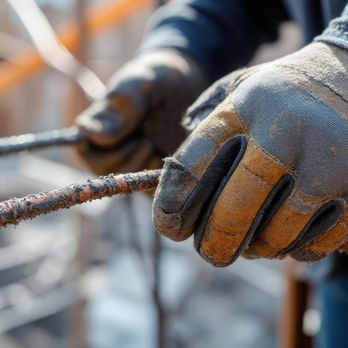 Mains gantées tenant une tige de métal rouillée sur un chantier de construction.