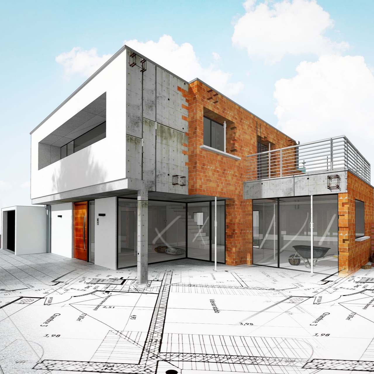 Maison moderne en construction ; extérieur blanc et brique avec superposition de plans, ciel nuageux.