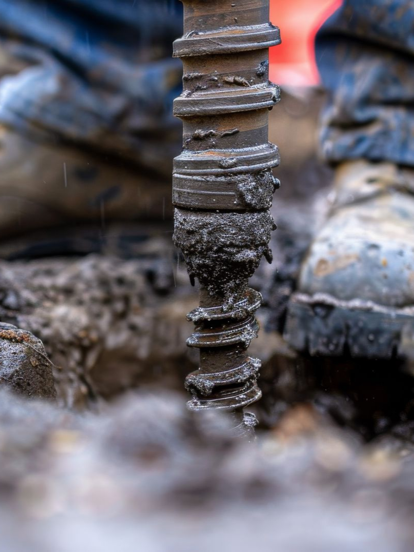 Une perceuse s'enfonce dans le sol, à proximité des bottes et du jean sales d'une personne.