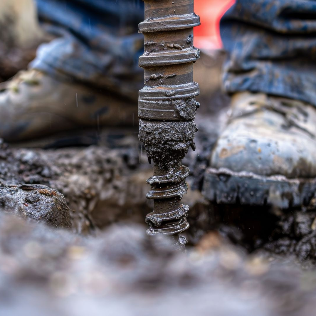 Forage dans le sol avec une tarière boueuse, ouvrier en bottes de travail.