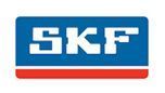 SKF-logo sinisenä ja valkoisena, alla punainen viiva