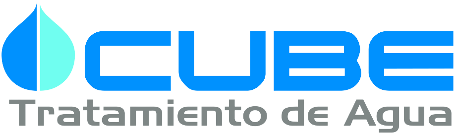 A blue and white logo for cube tratamiento de agua