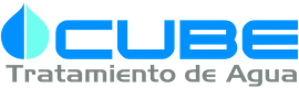 A blue and white logo for cube tratamiento de agua