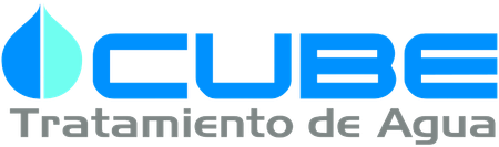 A blue and white logo for cube tratamiento de agua