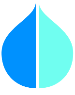 Una gota de agua azul se divide por la mitad sobre un fondo blanco.