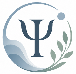 Logotipo circular con el s&iacute;mbolo psi azul, una rama de hoja y suaves formas onduladas en tonos azules y verdes apagados.