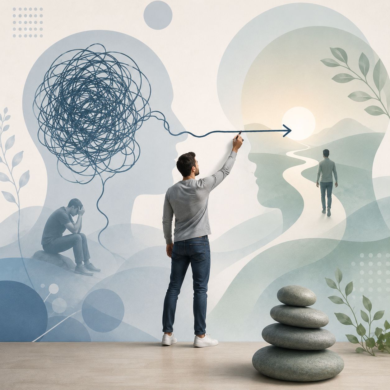 En un mural de bienestar en tonos pastel, una persona dibuja una flecha que va desde pensamientos enredados.