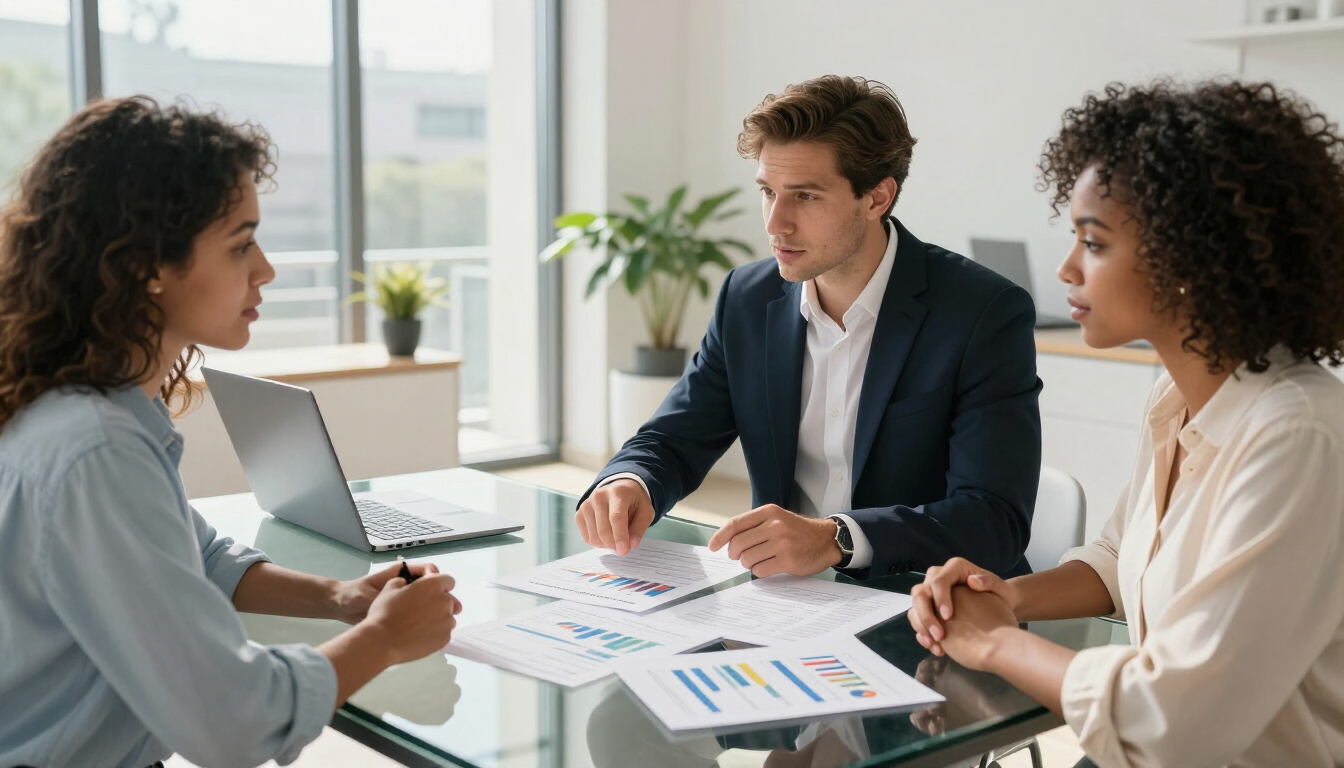Asesor financiero explicando condiciones hipotecarias